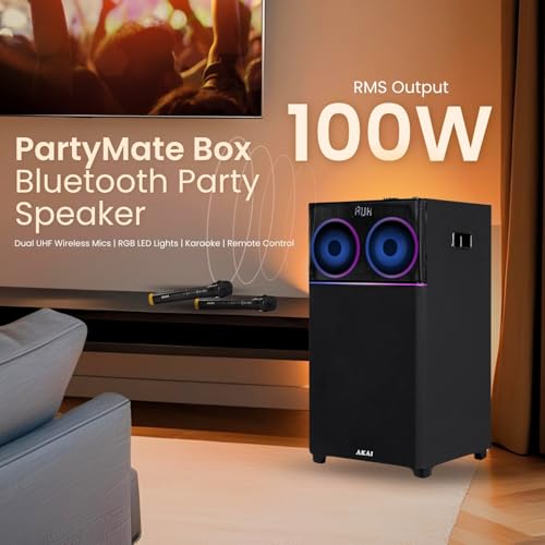 AKAI UltraBoom-100 Bluetooth Party Speaker 100 Watts|High Bass Sound|Wireless Mic Karaoke System| LED Lights|Home Theater Music... - Image 2