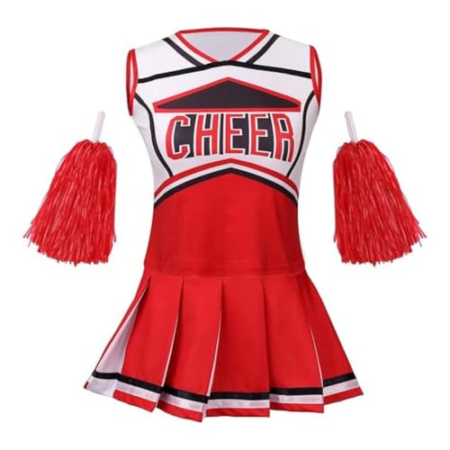 yolsun Cheerleader Costume for Girls, Kids Cheerleading outfit, Child High School Cheer leader Dress up Halloween Party role play Uniform(Red,6-7 Years)