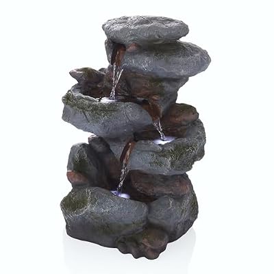 Alpine Corporation 22" Tall 3-Tier Outdoor Rock Waterfall Fountain with LED Lights, Natural Stone Look for Garden, Patio, Yard & Porch Decor, Gray