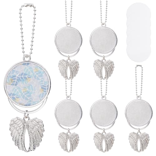 SUNNYCLUE 5Pcs Car Hanging Ornament Angel Wing Bag Charm Sublimation Keychain Blanks Guardian Angel Keychain Making Kit Wing Charms Heat Transfer Photo Frame for Car Mirror Home Bag Pursue Decoration