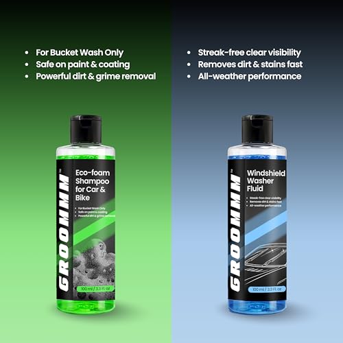 Image of GROOMMM Shampoo, Windshield Washer, Tyre & Trim Gel, Car &Bike Polish, Dashboard Polish Car Care Kit(100ml x5)|Car Polish Sponge & Microfiber Cloth (300 /600GSM)|Interior & Exterior Car Cleaning Kit