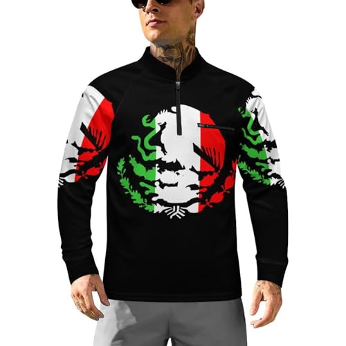 Mexico Coat of Arms with Flag Men's Rash Guard Long Sleeves Quick Dry Fishing Workout Shirts with Zipper