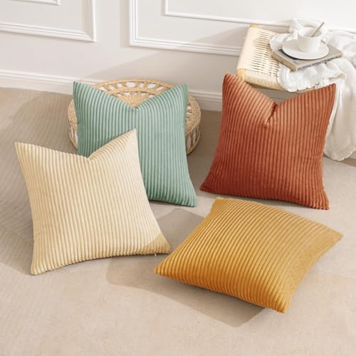 Image of MIULEE Boho Farmhouse Throw Pillow Covers 20x20 Inch Set of 4 Modern Natural Decorative Cushion Covers Soft Corduroy Home Decor for Spring Couch Bed Sofa Living Room Teal-Rust Gradient Series