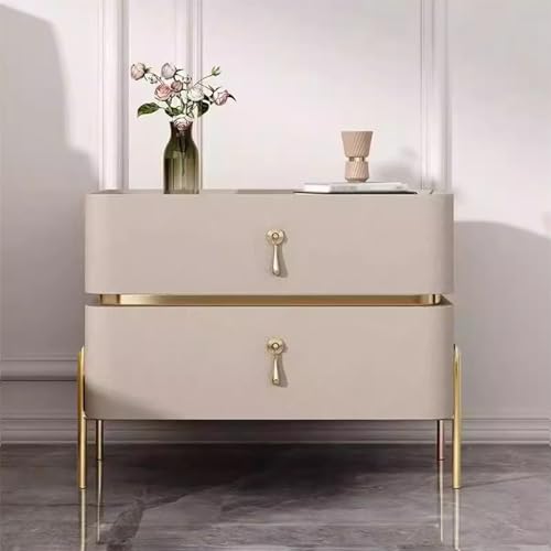 Table de chevet en bois et cuir crème à 2 tiroirs pour chambre moderne