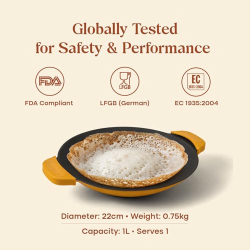 Image of CUMIN CO. Cast Iron Appam Pan | 22 cm | 5 Year Warranty | Non Toxic Non Stick Appachetty Pan | Chemical Free Coating | No Seasoning Needed | Mustard