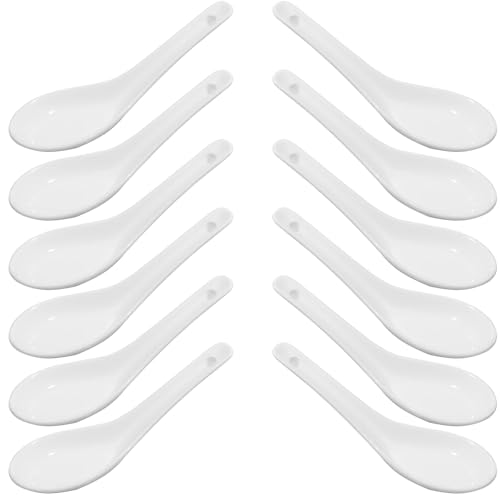 YouXiaor 12PCS Cucharas De Sopa Chinas,Cuchara Sopera de Porcelana Blanca,Juego De Cucharas De Sopa De Cerámica Cucharas De Vajilla Asiáticas Para Guisos Cereales Ramen Pho Wonton Dumpling Miso