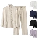 Men's Vintage Cotton Linen Tang Suit Chinese Traditional Mandarin Collar Kung Fu Shirts Long Sleeve Tai Chi Outfits, Black, 3X-Large