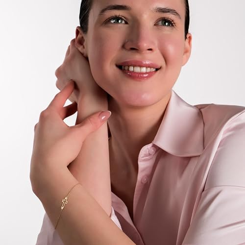 14k Solid Gold Cross Bracelet for Women, Bracelets, Real Gold Sideways Adjustable Cross Bracelet for Women, Christian Baptism Gift for Her 6