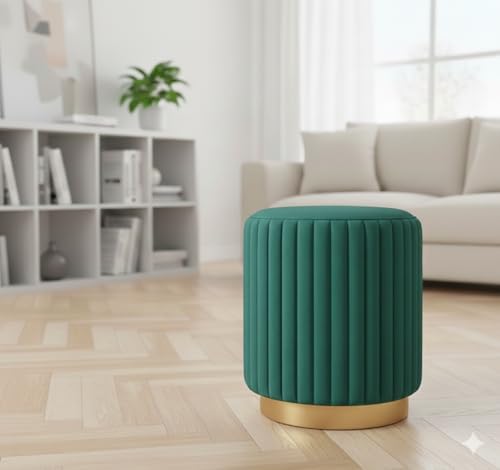 Image of Designer Velvet Round Footstool Ottoman with Sturdy Gold Metal Band Base for Home Decor & Extra Seating, Lightweight Pouf Stool for Sofa Side & Bedroom, 16x16x17 Inch (Seagreen)