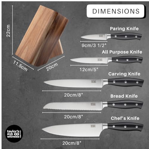 Taylors Eye Witness 6 PCE Kitchen Knife Block Set - 5 Useful Knives, Acacia Wood Block. Stainless Steel Precision, Full Tang & Durable. Including Paring, Veg, Chef, Bread & Carving Knives - Image 4