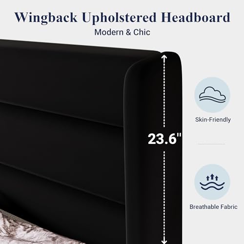 Image of Allewie King Size Platform Bed Frame with Velvet Upholstered Wingback Headboard, No Box Spring Needed, Under Bed Storage Space, Strong Wooden Slats, Modern Mattress Foundation, Easy Assembly, Black