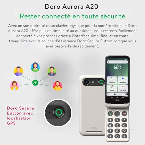 Doro - Smartphone à Clapet Aurora A20 - Téléphone Portable Senior - Facile à Utiliser - Touche d'Assistance avec Localisation GPS - Compatible Appareils Auditifs - Câble USB Inclus - Blanc