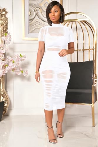 Image of Lrady Women's Elegant High Neck Sexy Sheer Mesh See Through Short Sleeve Stretch Bodycon Dress, White, Large