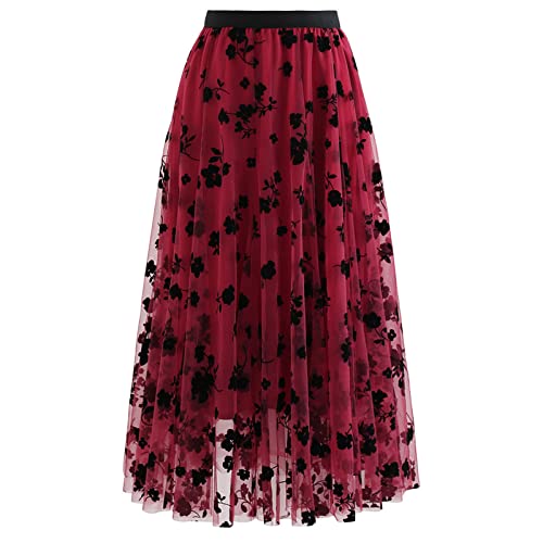 CHICWISH Women's Red 3D Posy Double-Layered Mesh Midi Skirt, Size