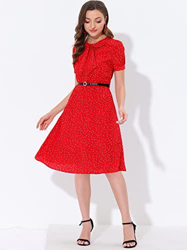 Image of Allegra K Women's Peter Pan Collar Tie Neck Short Sleeves A-Line Elegant Belted Vintage Floral Dress