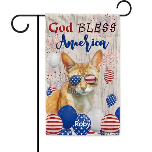 GABSHAIM Garden Flag Patriotic Theme Custom Pet's Name Welcome Flag with Bali Stars and Stripes with Balloon Design God Bless Banner Yard Outdoor Decoration 18 x 12.5 Inch
