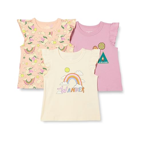 Amazon Essentials Toddler Girls Sleeveless Ruffle T-Shirt Pack of 3 Badges/Unicorn/Wander 2T