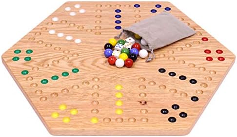 AmishToyBox.com Wahoo Marble Game Board Set - 20" Wide - Solid Oak Wood - Double-Sided - with Large 18mm Marbles and Dice Included