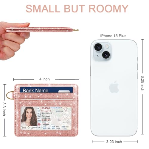 Image of Slim Minimalist Pocket Credit Card Holder Wallet Women | RFID Blocking Lightweight Thin Small Cute Card Cases, Glitter Rose Gold