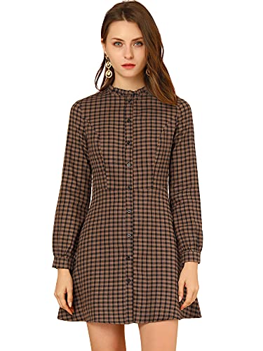 Allegra K Damen Vintage Karo Rüschen Ausschnitt Knopfleiste Langarm Weihnachten A-Linie Kleid, Braun, Mittel