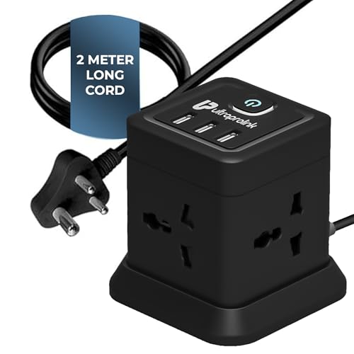 UltraProlink 7 in 1 Cube Extension Board Power Hub Multi Port |Surge Protector Spike Guard |Higher Device Safety with ISI Approved Heavy Duty Cable-2m|7 Ports-4 Ac Sockets (2500W) & 3 USB Ports
