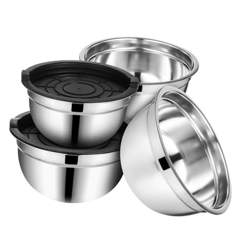 KOCKSHION Bols En Acier Inoxydable Avec Couvercles Anti-dérapants, Ensemble 4 Pièces, Multi-usages Pour Pâtisserie Cuisine, Empilables Et Robustes, Usage Domestique