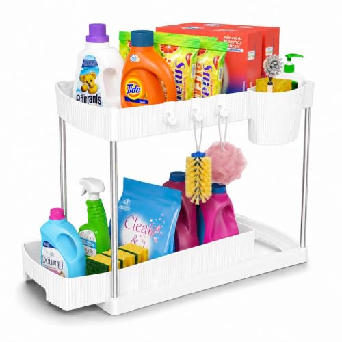 Image of Xmart India 2 Tier Under Sink Organizer, Pull Out Cabinet Storage Rack with Sliding Drawers & Hooks, Kitchen Cabinet Organizer, Bathroom Storage Shelf, Pantry & Laundry Organizer (1, White)