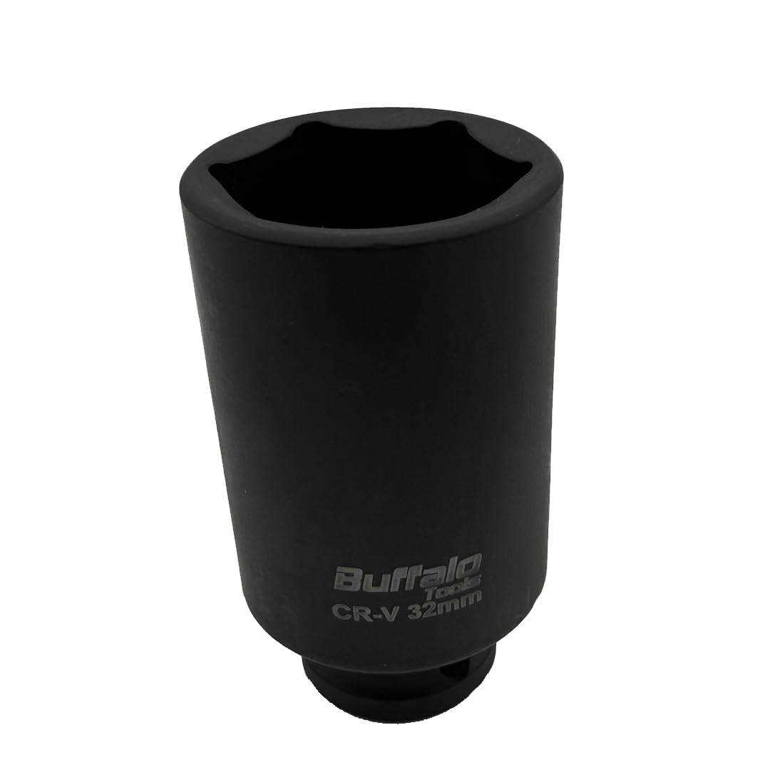 Buffalo Tools 32mm Deep Impact Socket 1/2 Drive Heavy Duty High Torque Chrome Vanadium Steel Drive 6 Point Long Wrench