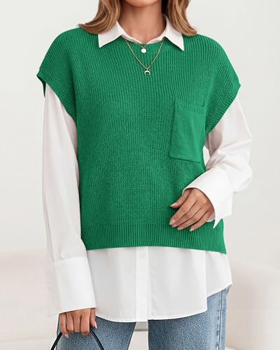 KIRUNDO Summer Fall Short Sleeve Sweater for Women 2026 Casual Sweater Vest Cotton Knit Pullover Tank Tops Fashion Clothing(Green, Medium) — view 5
