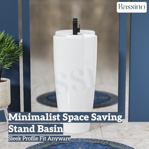 Image of BASSINO 15x15x34 Inches Ceramic Pedestal Wash Basin /7 Years Warranty /One Piece Free Standing Basin For Bathroom /Living Room /Salons /Round Modern Sink For Hotel /Floor Mounted Washbasin(White Glossy)