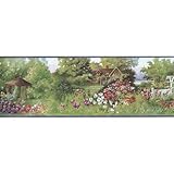 TRIMZ Cottage Garden Wallpaper Border, Landscape Flowers Gazebo House Scene, Rustic Country Style, Kitchen Decor, Pre-Pasted, 15 ft x 6 in