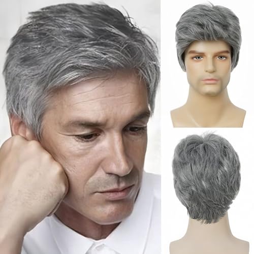 Salaibs Mens Short Grey Wig Synthetic Reality Hair Costume Wigs Daily Replacement Wig for Male Guy