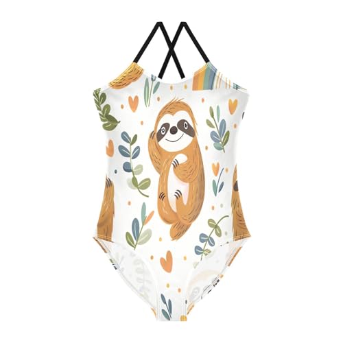 Cute Cartoon Sloth Leaves White Kids Swim Suits 3-10T Summer Swimsuits Girls, Beach Bathing Suit
