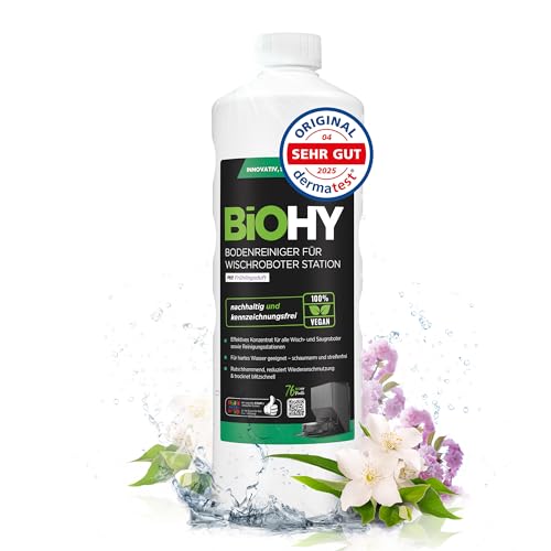 BiOHY Bodenreiniger für Wischroboter Station mit Frühlingsduft (1l Flasche) | Reinigungsmittel Konzentrat für alle Wisch & Saugroboter mit Nass-Funktion | Schaumarm & Streifenfrei | Für alle Böden