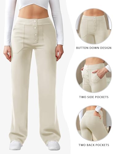 Image of JEKAOYI Womens Casual High Waist Straight Leg Pants Stretchy Button Business Dress Work Pocket Trousers