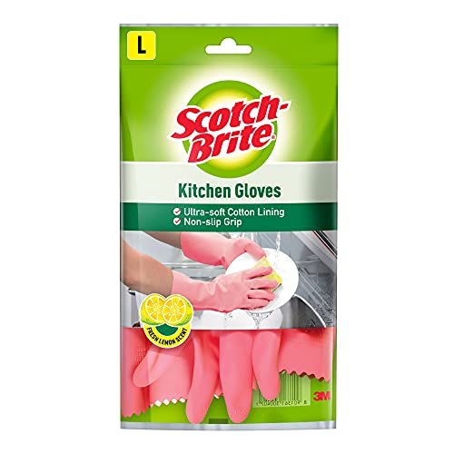 Image of Scotch-Brite Lemon Scented Kitchen Gloves, extra long cuffs for mess-free hands , better grip, inner lining for Sweat absorption (Large, 1 pair)