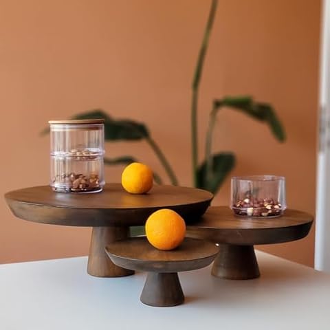 TRIHOME Set of 3 Wood Cake Stand, Wooden Cake Holder, Lime Tree, Cake Display Set, Serving Platter for Appetizers and Desserts, Decorating for Birthday Parties, Weddings, Events, Bridal Gifts, Walnut Cover
