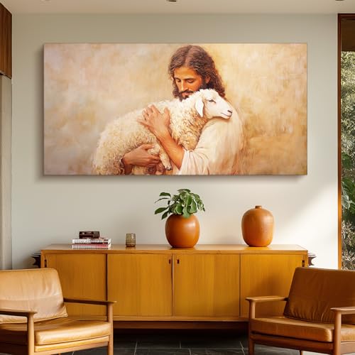 SERIMINO Jesus Christ Wall Art, Christian Lamb of God Extra Large Art Prints, The Lord Is My Shepherd Canvas Painting, Serenity Prayer Pictures Wall Decor Living Room Dining Room Church 30"X60"