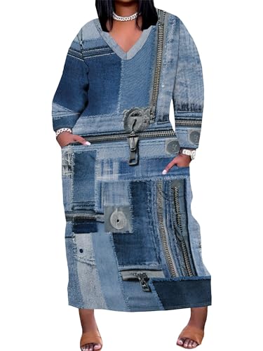 Image of SUZONANA Plus Size Denim Print Maxi Dresses for Women Casual V Neck Short Sleeve with Pockets Soft Jean Look Dress XL-6XL