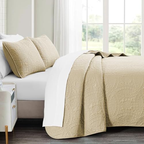 akkialla Queen Quilt Bedding Set,Beige Ultrasonic Full/Queen Quilt Set,Lightweight Soft Bedspread Coverlet,Modern Style Coin Pattern Bed Cover for All Seasons,3 Piece(1 Quilt,2 Pillow Shams)