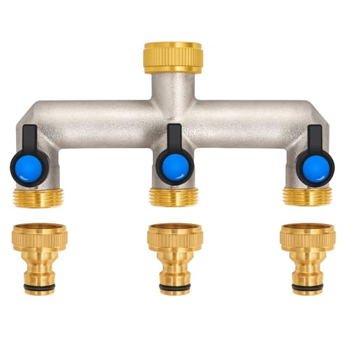 3-Wege Wasserhahn Wasserverteiler aus Messing für 3 Geräte/Gartenschläuche, 3er Verteiler 3/4' Adapter 1/2' mit Kugelhahn zum Einstellen und Absperren des Wasserflusses