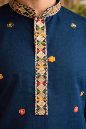Buy Amazon Brand - Tavasya Men’s Blue Ethnic Floral Embroidered Border Kurta (HOPMK498_M) at Amazon.in - Image 6