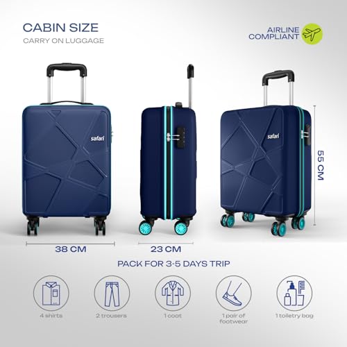 Image of Safari Cabin Pentagon Pro 8 Wheels Spinner 55Cm Trolley Bag Hard Case Polypropylene, 360 Wheeling Carry on Luggage for Men & Women, Suitcase for Travel, Navy