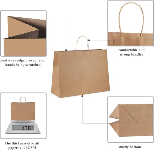 Image of Brown Paper Bags with Handles- 25pcs 16 inchx5 inchx12 inch Large Paper Carry Bags for Shopping, Retail Merchandise, Party Favor Return Gifting Paper Covers