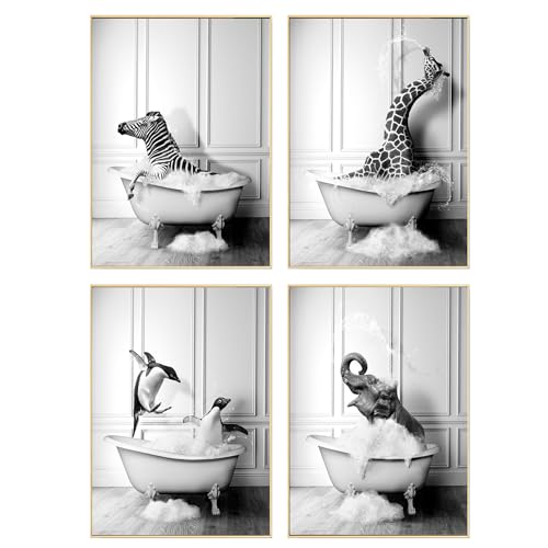 DEUXYU Set di 4 poster decorativi per il bagno, formato A4, formato A4, divertenti animali nella vasca da bagno, poster da parete, stampa artistica da parete, per bagno, 21 x 30 cm