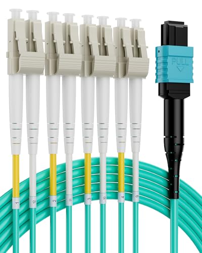 Image of MPO /MTP Fanout Fiber Patch Cable 1m /3.3ft, MPO /MTP to 8 X LC (4 Duplex), 10 /40 /100G QSFP+ OM3 8 Strands UPC Breakout Cable - Aqua 50 /125μm LSZH for Data Center Network Connectivity