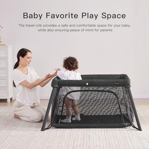 Gromast 2 in 1 Portable Travel Crib for Toddler, Foldable Crib for Baby, Lightweight Playpen Collapsible Playard with Soft Mattress, Easy to Carry Baby Travel Bed for Outdoor, Indoor (Black) - Thumbnail 6