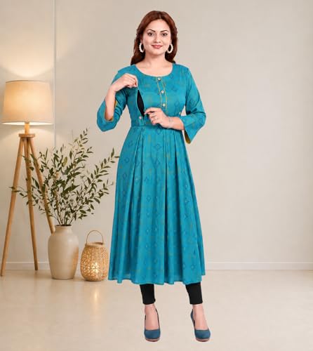 Image of B2F Women's Cotton Rayon A-Line Feeding Kurta Maternity Kurta, Feeding Kurti with Zip