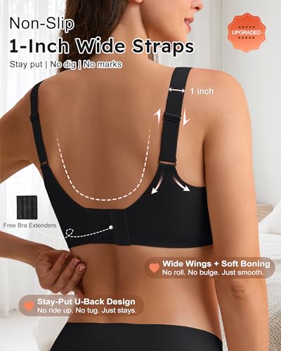 leviace Wireless Jelly Bras for Women with Support - Anti-Slip Wide Straps Push Up Full Coverage Plunge Seamless Padded T-Shirt Bralette No Underwire Soft Invisible Back Smoothing Sleep Bra, Black, M — view 2