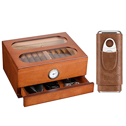 COOL KNIGHT Cigar Humidor and Cigar Case, Desktop Humidor That can Hold 20-35 Cigars, Cigar Travel Case with Stainless Steel Cigar Cutter- Cigar Gift Box for Cigar Lovers